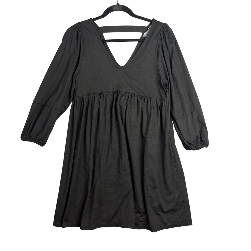Good Luck Gem Babydoll Dress Sz Z Black YCGD2291 V-Neck Jersey Knit LBD NWT